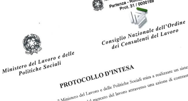 Protocollo Ministero Consulenti del Lavoro Asse.co