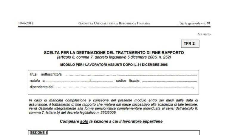 Modulo TFR 2: modello destinazione del TFR