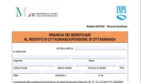 Modulo SR183 INPS Rinuncia Reddito di Cittadinanza