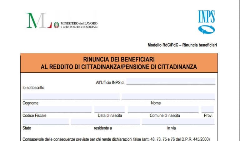 Modulo SR183 INPS Rinuncia Reddito di Cittadinanza