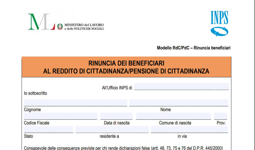 Modulo SR183 INPS Rinuncia Reddito di Cittadinanza