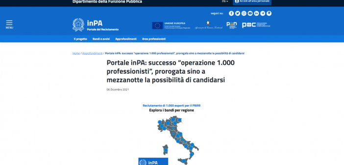 Portale inPA, 1000 posti per esperti PNRR