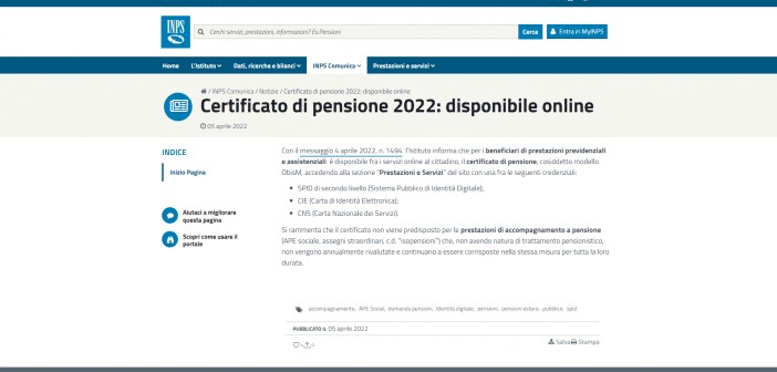 Certificato di Pensione 2022