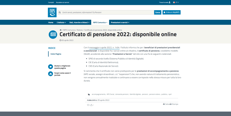 Certificato di Pensione 2022