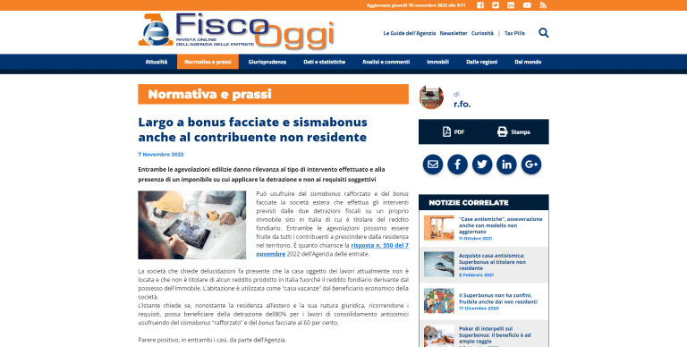 Bonus facciate e sismabonus ai non residenti in Italia