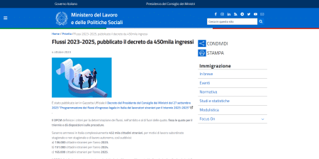 Flussi 2023-2025 decreto 450mila lavoratori stranieri italia