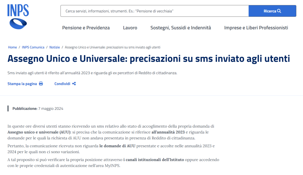 Assegno Unico SMS INPS