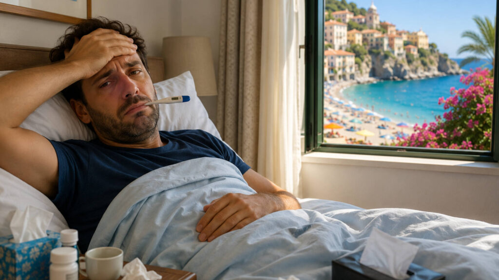 Ti ammali durante le ferie? Ecco quando puoi sospenderle e recuperare i giorni Uomo ammalato a letto durante le ferie in una località di mare