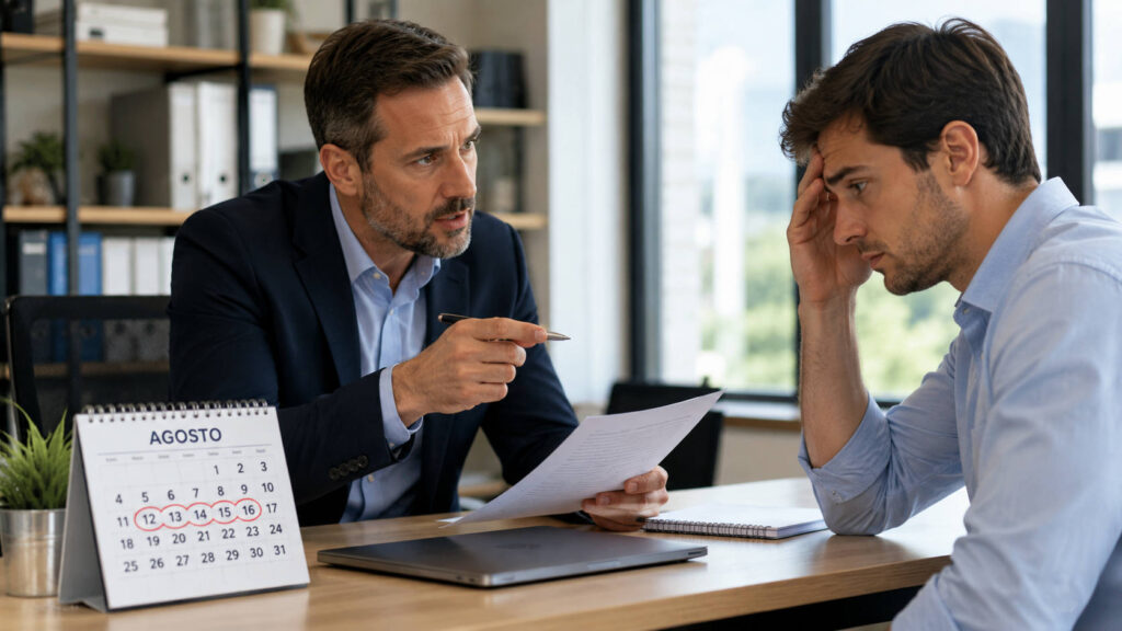 Ferie forzate, il datore di lavoro può obbligarti ad andare in ferie? Ecco cosa dice la legge Datore di lavoro comunica ferie forzate a un lavoratore durante un colloquio in ufficio