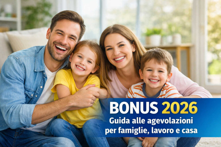 Famiglia sorridente con due figli in casa, immagine di copertina sui bonus 2026 per famiglie, lavoro e agevolazioni