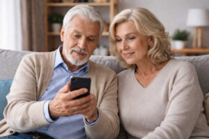Coppia di anziani seduta sul divano che guarda uno smartphone, mentre consulta il cedolino della pensione di gennaio 2026