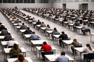 Candidati seduti a scrivanie distanziate in un grande palazzetto durante una prova di concorso pubblico