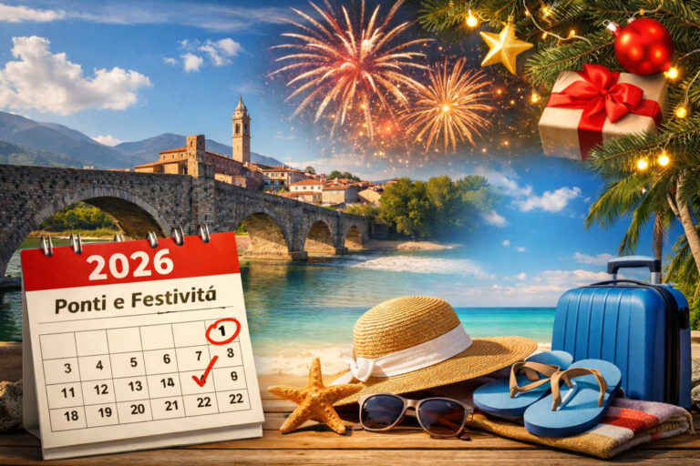 Calendario 2026 con valigia, spiaggia, ponte e decorazioni festive che rappresentano ponti, vacanze e festività.