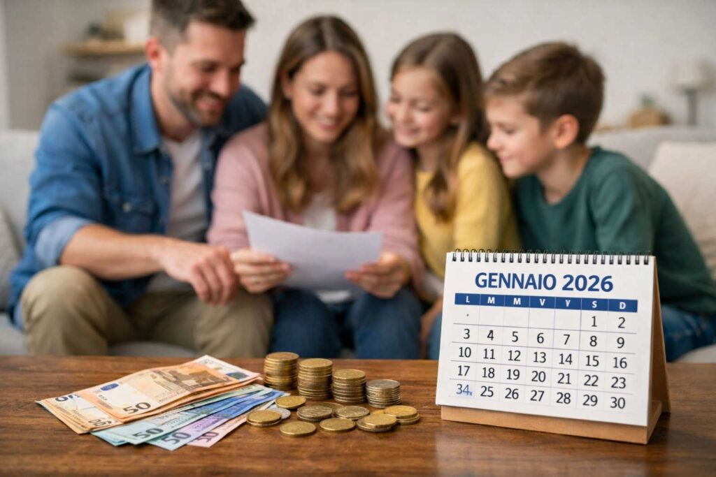 Assegno Unico figli gennaio 2026: date di pagamento, importi e novità ISEE Famiglia seduta sul divano con calendario di gennaio 2026 e soldi sul tavolino, in attesa del pagamento dell’Assegno Unico figli