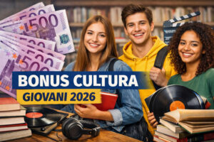 Bonus cultura giovani 2026, via alle domande: fino a 1.000 euro da spendere Bonus cultura giovani 2026: ragazzi con libri e dischi, banconote da 500 euro e spese culturali finanziate fino a 1.000 euro