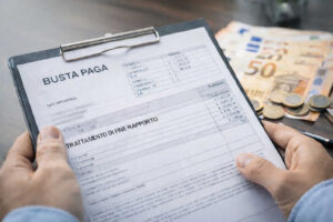 Busta paga con voce TFR in evidenza e banconote in euro sullo sfondo, nuove regole sul trattamento di fine rapporto dal 2026