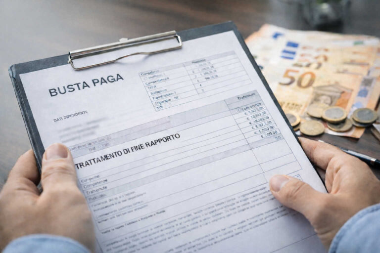 Busta paga con voce TFR in evidenza e banconote in euro sullo sfondo, nuove regole sul trattamento di fine rapporto dal 2026