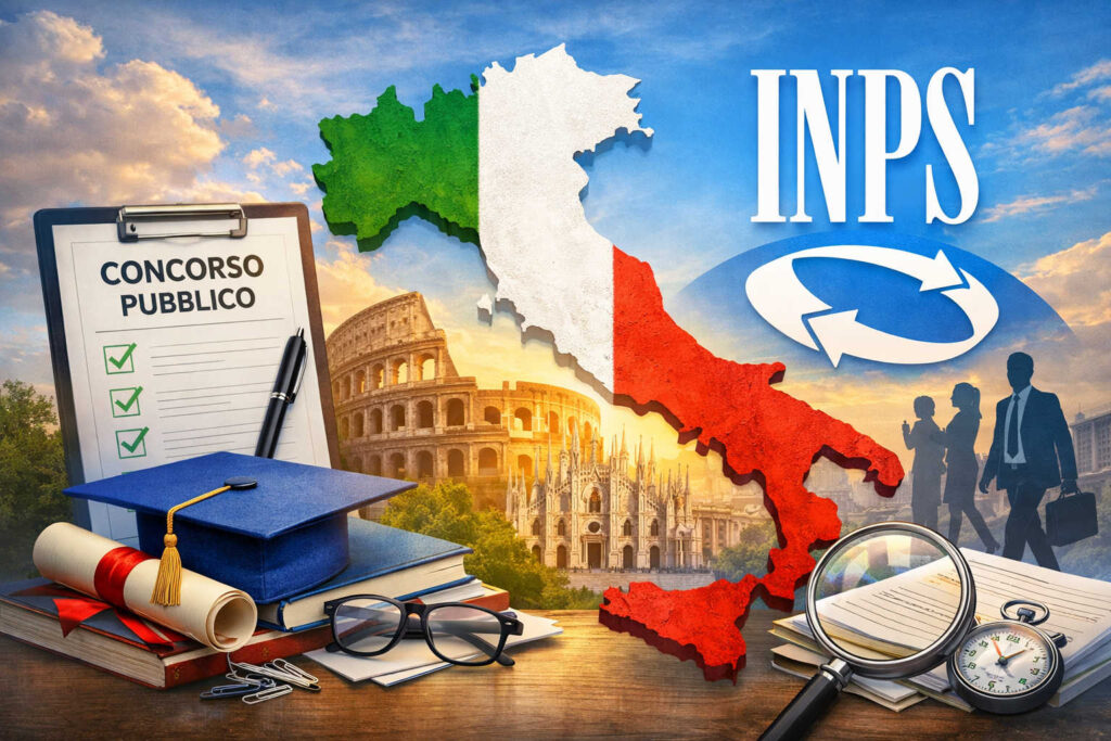 Concorsi INPS 2026: tutti i bandi ufficiali e i posti disponibili. Attenzione alle scadenze Concorsi INPS 2026, mappa dell’Italia con colori della bandiera, logo INPS e documenti di concorso pubblico, assunzioni e mobilità nella Pubblica Amministrazione