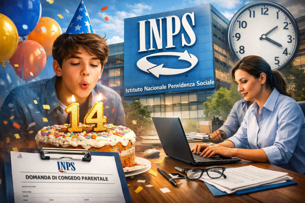 Congedo parentale fino ai 14 anni dei figli: l’INPS spiega cosa cambia dal 2026 Congedo parentale fino ai 14 anni: genitore al lavoro, sede INPS e ragazzo che spegne 14 candeline, simbolo delle nuove regole 2026.
