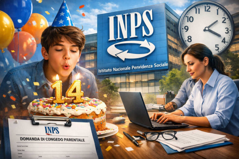 Congedo parentale fino ai 14 anni dei figli: l’INPS spiega cosa cambia dal 2026 Congedo parentale fino ai 14 anni: genitore al lavoro, sede INPS e ragazzo che spegne 14 candeline, simbolo delle nuove regole 2026.