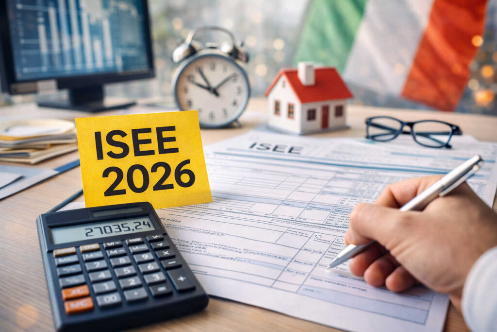 Calcolo ISEE 2026 in ufficio con documenti, modulo ISEE e calcolatrice su scrivania.