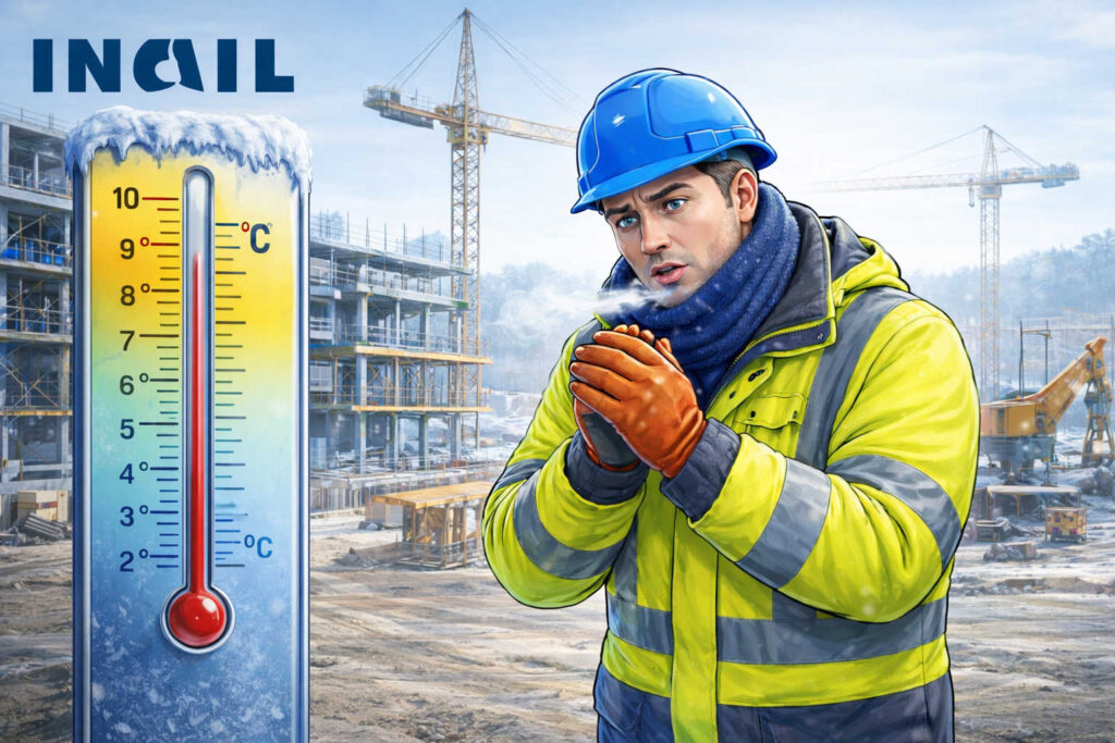 Lavorare al freddo: rischi per la salute e strategie di prevenzione secondo INAIL Lavoratore in cantiere con giubbotto ad alta visibilità e casco, accanto a un termometro che segna 0 gradi, logo INAIL in alto a sinistra, contesto sicurezza sul lavoro e temperature rigide.