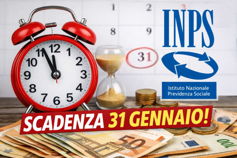 Scadenza NASpI 31 gennaio 2026: sveglia e timer accanto a euro e logo INPS, simbolo dell’urgenza di comunicare il reddito presunto
