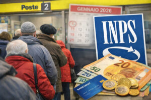 Pagamenti INPS gennaio 2026 con pensionati in fila alle Poste.