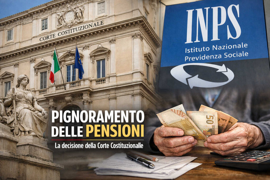 Pensione pignorata dall’INPS: la Consulta mette fine ai dubbi sul limite del quinto Pignoramento pensioni INPS: la Corte costituzionale conferma il limite del quinto, con immagine del Palazzo della Consulta, logo INPS e pensionato con banconote in euro.