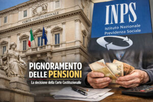 Pignoramento pensioni INPS: la Corte costituzionale conferma il limite del quinto, con immagine del Palazzo della Consulta, logo INPS e pensionato con banconote in euro.