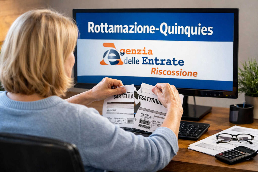 Come fare domanda di rottamazione quinquies: istruzioni ufficiali e chiarimenti Come fare domanda rottamazione quinquies: contribuente al computer mentre strappa una cartella esattoriale sul sito Agenzia delle Entrate-Riscossione