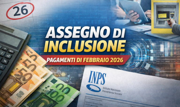 Assegno di Inclusione, pagamenti ordinari di febbraio 2026: date lavorazioni e ricariche Assegno di Inclusione pagamenti ordinari febbraio 2026 con calendario 26, banconote euro e sportello Postamat