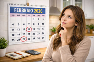 Calendario febbraio 2026 con 14 e 27 evidenziati e donna che osserva, rappresentazione delle date di pagamento ADI e ricalcoli ISEE
