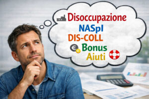 Un uomo ragiona su quali aiuti, bonus e tutele economiche potrebbe avere come disoccupato nel 2026 visto che ha perso il lavoro