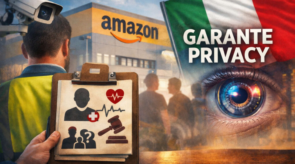 Amazon sotto accusa: stop del Garante privacy alla schedatura dei lavoratori Centro logistico Amazon con lavoratore e simbolo dell’occhio del controllo, intervento del Garante privacy contro la raccolta illecita di dati dei dipendenti.