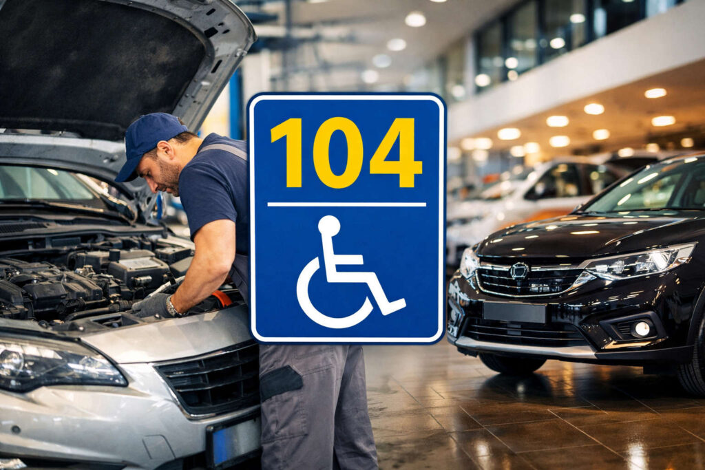 Meccanico che ripara un’auto con simbolo legge 104 in primo piano e concessionario sullo sfondo, rappresentazione delle agevolazioni auto legge 104 per riparazioni e nuovo acquisto.