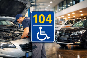 Auto legge 104: come funziona il limite dei 4 anni per riparazioni e nuovo acquisto Meccanico che ripara un’auto con simbolo legge 104 in primo piano e concessionario sullo sfondo, rappresentazione delle agevolazioni auto legge 104 per riparazioni e nuovo acquisto.