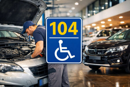 Meccanico che ripara un’auto con simbolo legge 104 in primo piano e concessionario sullo sfondo, rappresentazione delle agevolazioni auto legge 104 per riparazioni e nuovo acquisto.