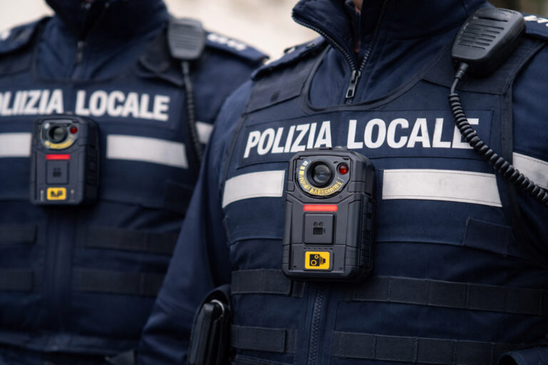 Agenti della Polizia locale con body cam sul petto durante il servizio, focus sul dispositivo di registrazione.