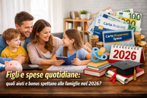Bonus famiglie 2026, genitori con figli e documenti economici su tavolo, simbolo degli aiuti e delle agevolazioni per le spese quotidiane