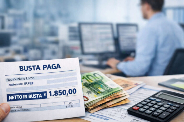 Busta paga 2026 con imposta 5% e 15% su aumenti contrattuali e maggiorazioni per lavoro notturno e festivo, euro e calcolatrice su scrivania ufficio paghe.