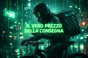 Rider sotto la pioggia in stile cyberpunk con codice digitale verde sullo sfondo e scritta neon “Il vero prezzo della consegna”, simbolo dello sfruttamento nel lavoro delle piattaforme.Rider sotto la pioggia in stile cyberpunk con codice digitale verde sullo sfondo e scritta neon “Il vero prezzo della consegna”, simbolo dello sfruttamento nel lavoro delle piattaforme.