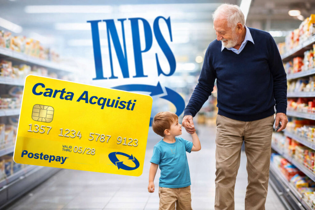 Carta Acquisti 2026: quando arriva la ricarica da 80 euro e cosa verificare Carta Acquisti 2026 in primo piano con logo INPS sullo sfondo, nonno e bambino di 3 anni che fanno la spesa al supermercato