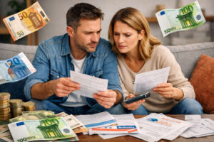 Coppia seduta sul divano mentre controlla bollette e soldi sul tavolo, immagine rappresentativa del decreto bollette 2026 e del doppio bonus energia per le famiglie.
