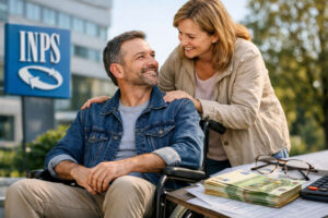Coppia davanti a sede INPS con documenti e soldi sul tavolo, simbolo dell’integrazione al minimo dell’assegno ordinario di invalidità per il sistema contributivo.
