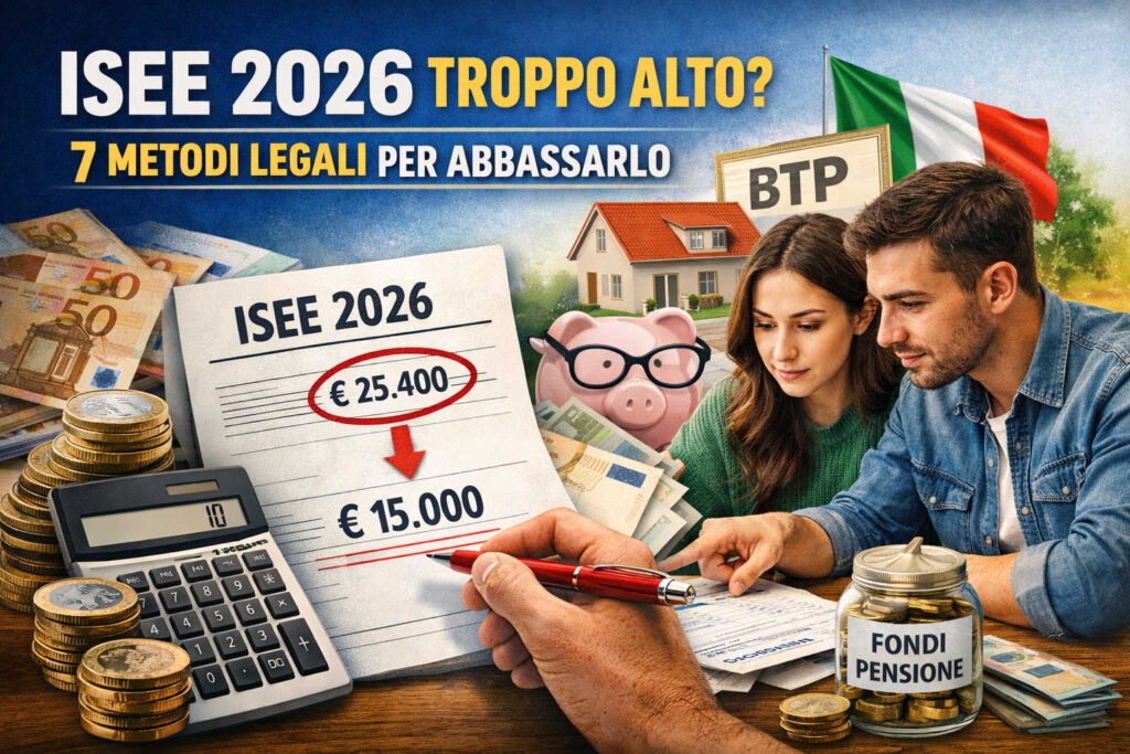 ISEE 2026 troppo alto, guida con calcolatrice, euro, BTP, casa e fondo pensione per spiegare come abbassare l’ISEE legalmente e accedere ai bonus.