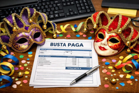 Maschere di Carnevale colorate accanto a una busta paga su scrivania da ufficio, simbolo del dubbio se martedì grasso è festivo o lavorativo in busta paga.