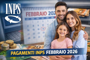 Pagamenti INPS febbraio 2026, famiglia con bambino in primo piano davanti a un calendario di febbraio sfocato, bancomat e banconote in euro, immagine simbolo di pensioni, assegno unico e sussidi INPS.