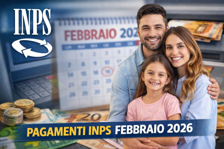 Pagamenti INPS di febbraio 2026: tutte le date da segnare in calendario Pagamenti INPS febbraio 2026, famiglia con bambino in primo piano davanti a un calendario di febbraio sfocato, bancomat e banconote in euro, immagine simbolo di pensioni, assegno unico e sussidi INPS.