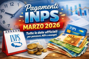 Copertina Pagamenti INPS marzo 2026 con calendario e logo INPS, euro e riferimento a pensioni, ADI e assegno unico.